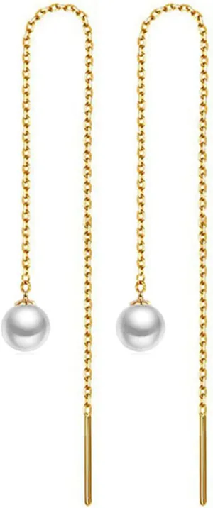 WangGao Stainless Steel Cute Imitation Pearl Dangle Earrings Long Chain Tassel Earrings Charms Threader Earrings Woman's Jewelry,Gold