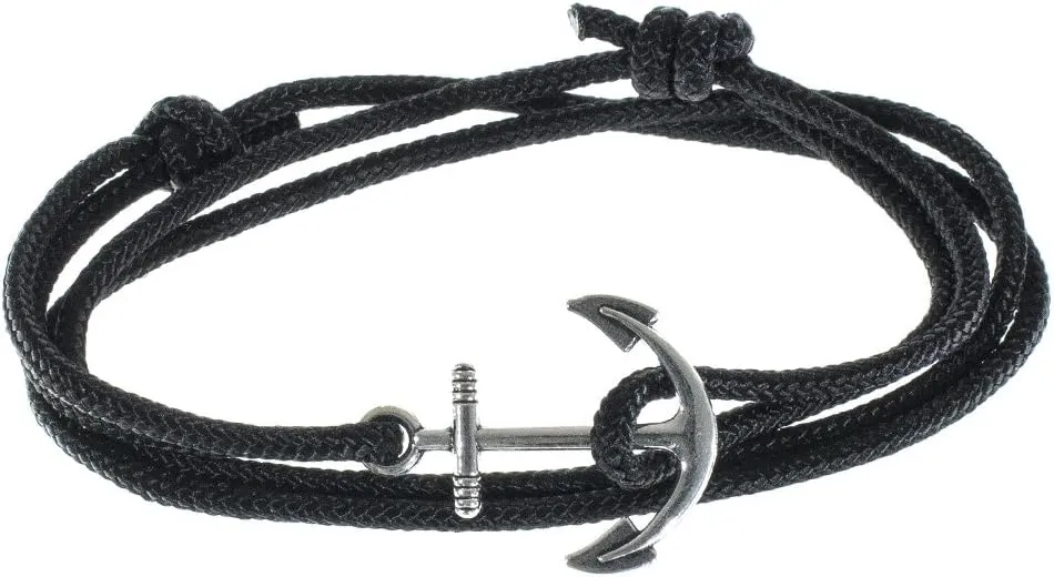 West Coast Paracord Men's Adjustable Nautical Anchor and Fish Hook Wrap Cuff Bracelets - Made of Nylon Rope (Black, Silver Anchor)