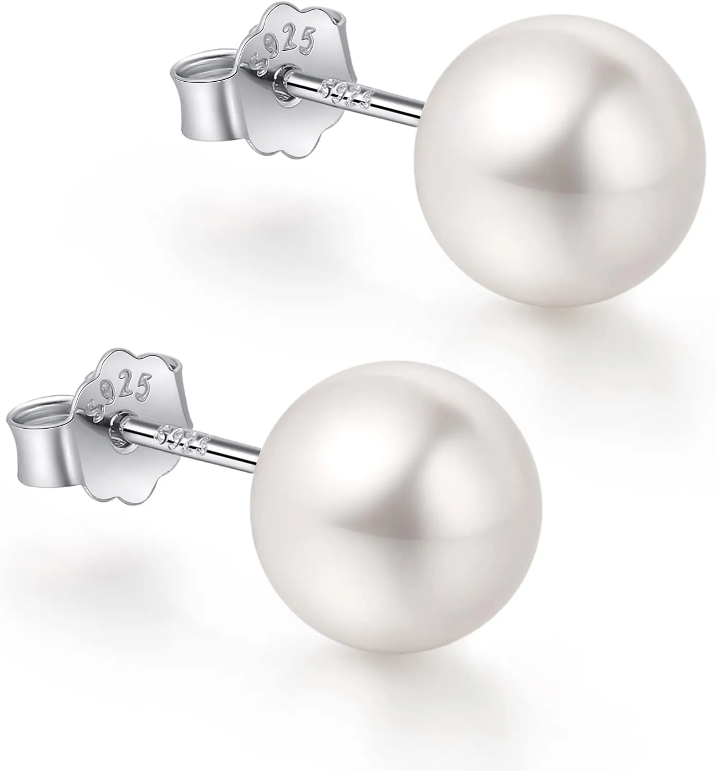 White Gold Plated Sterling Silver Pearl Stud Earrings for Women, White Pearl Wedding Earrings Hypoallergenic Jewelry