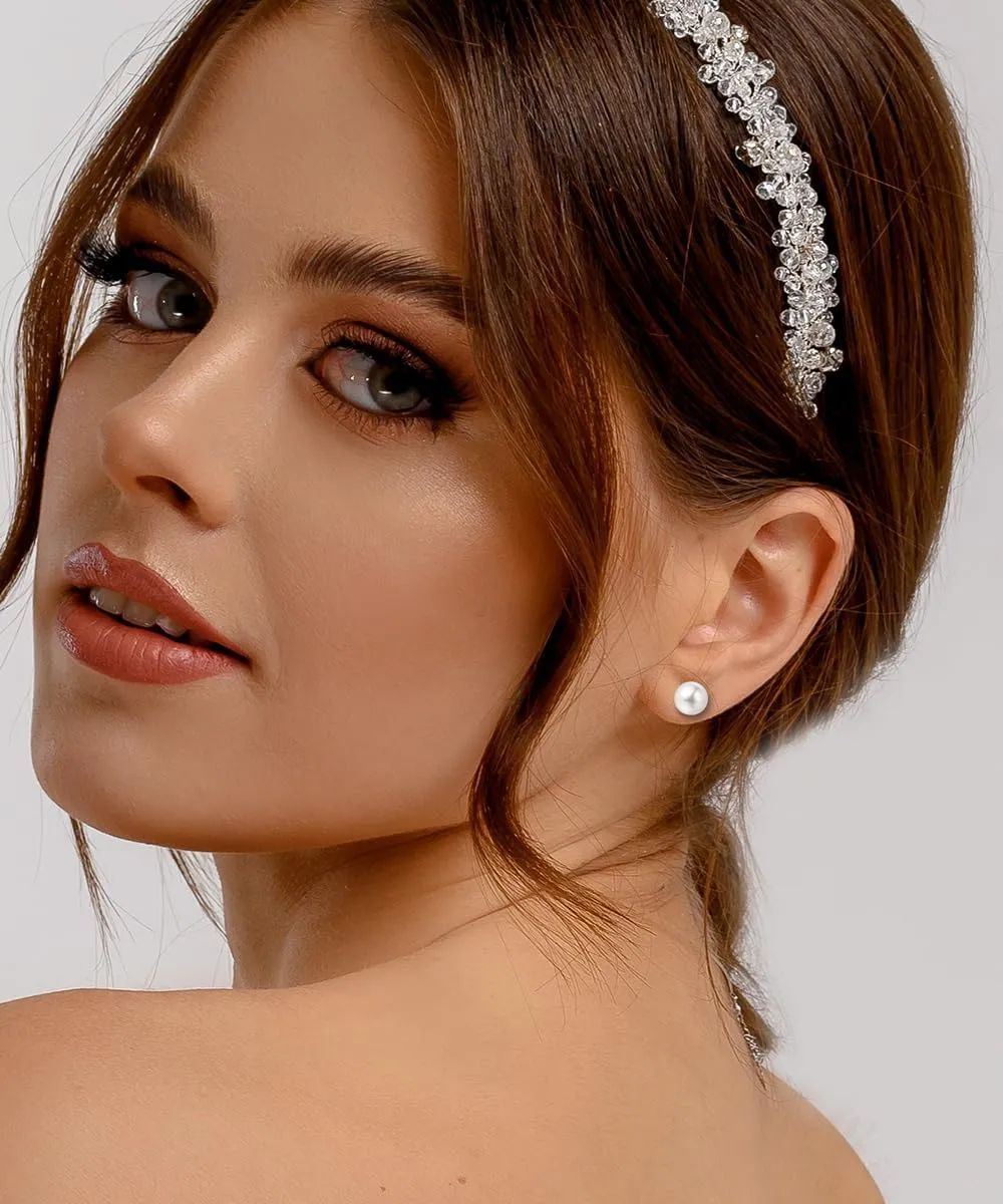 White Gold Plated Sterling Silver Pearl Stud Earrings for Women, White Pearl Wedding Earrings Hypoallergenic Jewelry