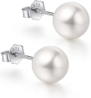 White Gold Plated Sterling Silver Pearl Stud Earrings for Women, White Pearl Wedding Earrings Hypoallergenic Jewelry