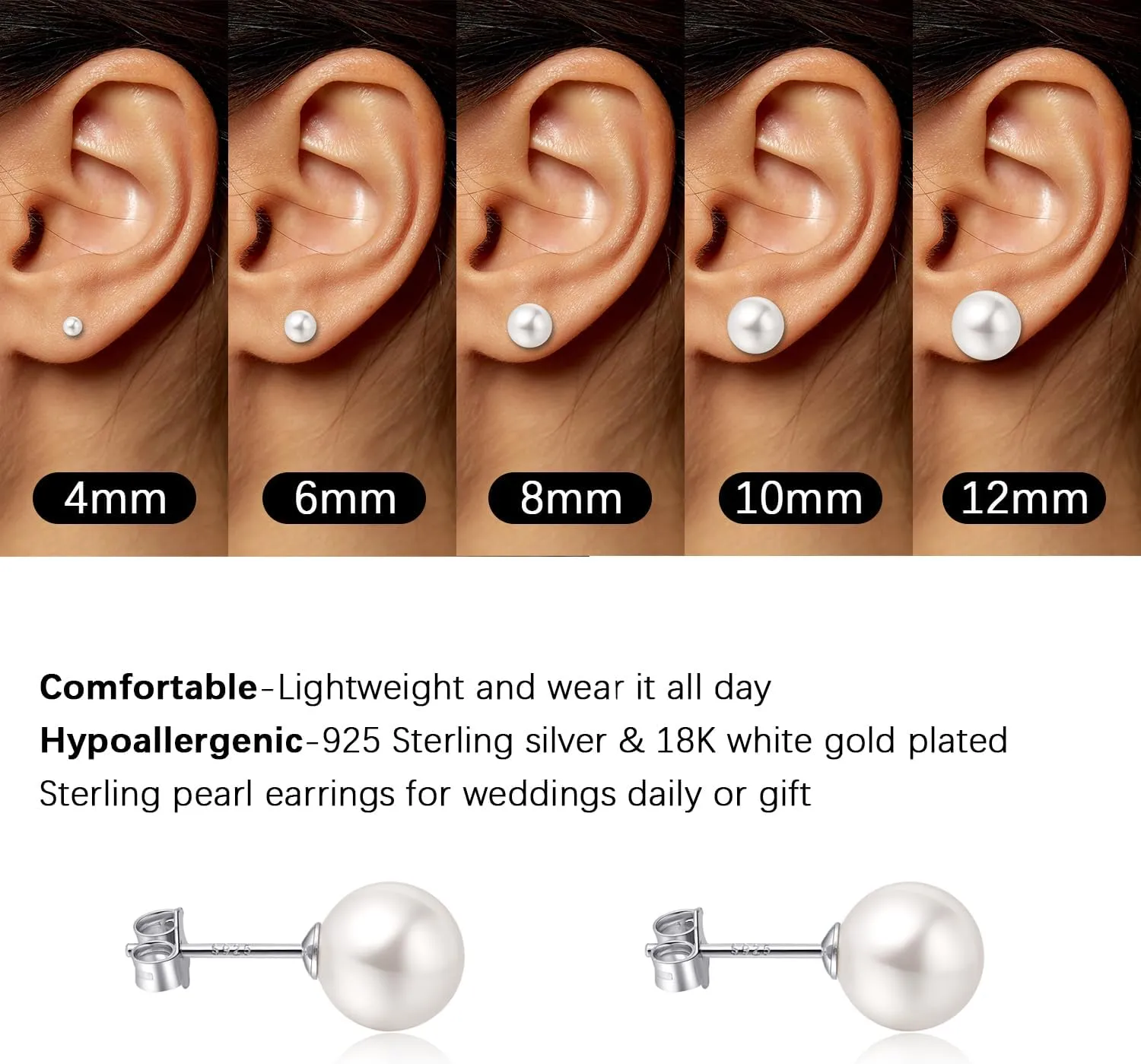 White Gold Plated Sterling Silver Pearl Stud Earrings for Women, White Pearl Wedding Earrings Hypoallergenic Jewelry