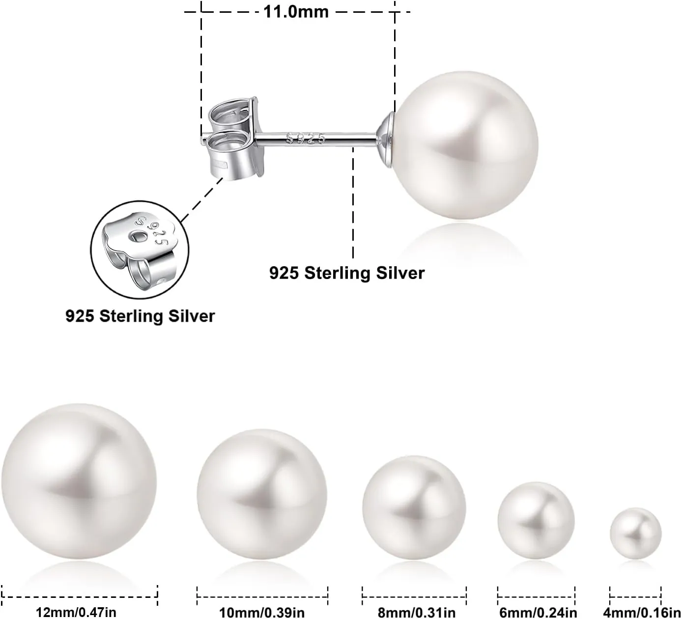 White Gold Plated Sterling Silver Pearl Stud Earrings for Women, White Pearl Wedding Earrings Hypoallergenic Jewelry
