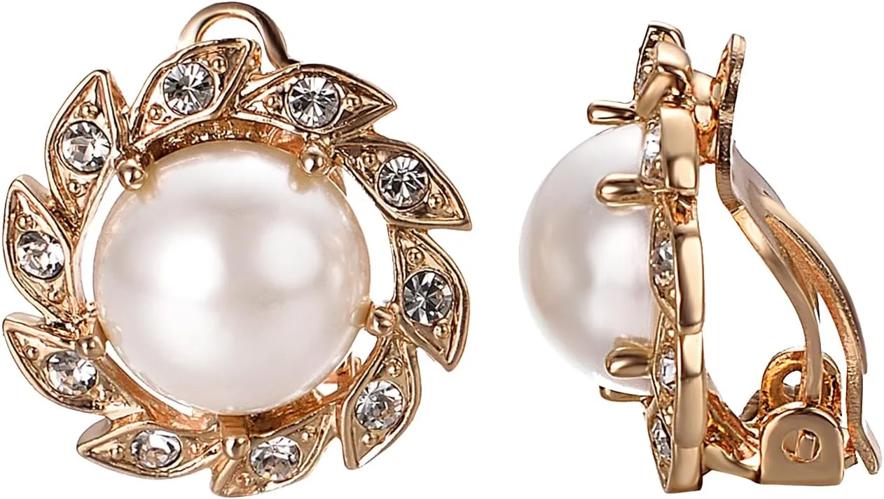 White Pearl Clip on Earrings for Women Non Pierced Ear 18K Rose Gold Plated and 18K White Gold Plated Sunflower Cz Earrings Jewelry