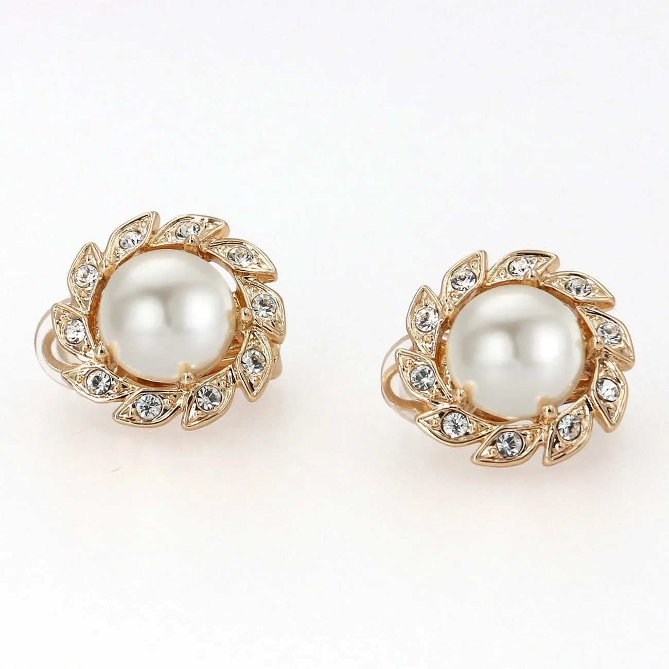 White Pearl Clip on Earrings for Women Non Pierced Ear 18K Rose Gold Plated and 18K White Gold Plated Sunflower Cz Earrings Jewelry