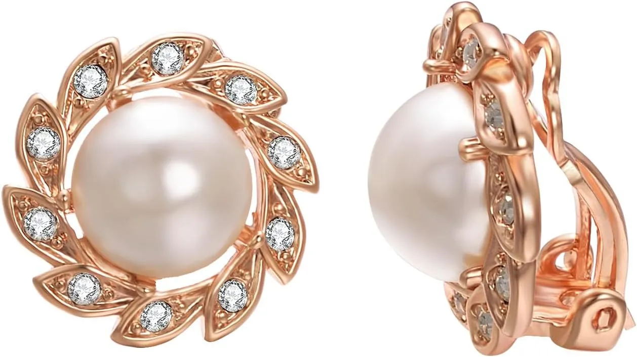 White Pearl Clip on Earrings for Women Non Pierced Ear 18K Rose Gold Plated and 18K White Gold Plated Sunflower Cz Earrings Jewelry