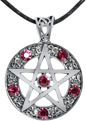 Wiccan Pentacle Pentagram Talisman Necklace with Ruby-Like CZ  Gothic Wicca Jewelry in Multiple Stone Colors with Adjustable Rope Necklace