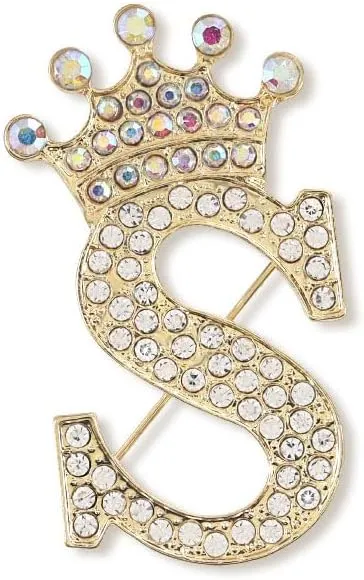 WLL A-Z 26 Letters Brooches Pins for Women Gold Alloy Crystal Crown Initial Brooch Jewelry Gift