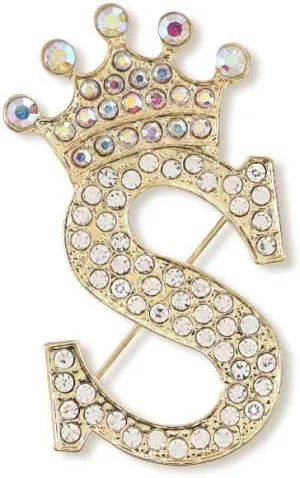 WLL A-Z 26 Letters Brooches Pins for Women Gold Alloy Crystal Crown Initial Brooch Jewelry Gift