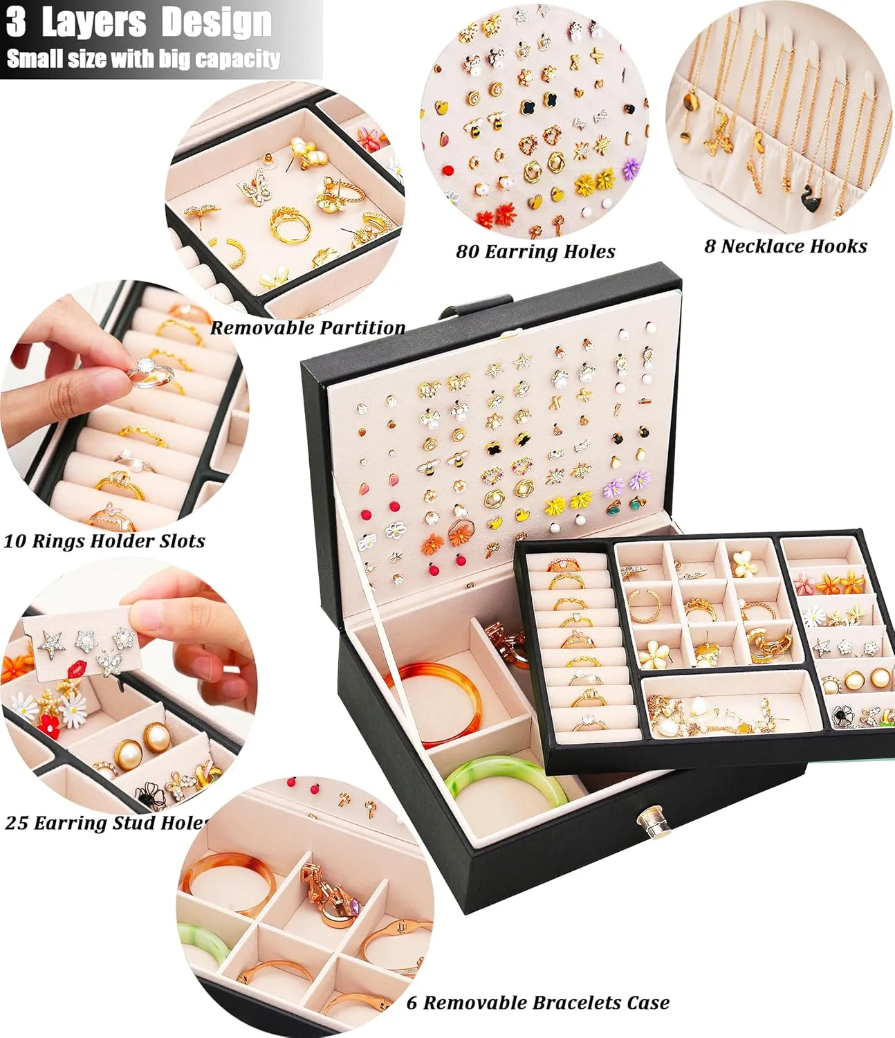 Womens Earring Jewelry Box for Girls Jewelry Earring Organizer Box Earring Holder Organizer for Girls Jewelry Organizer Earring Boxes for Women Girls Stud Earring Organizer Jewelry Box Black