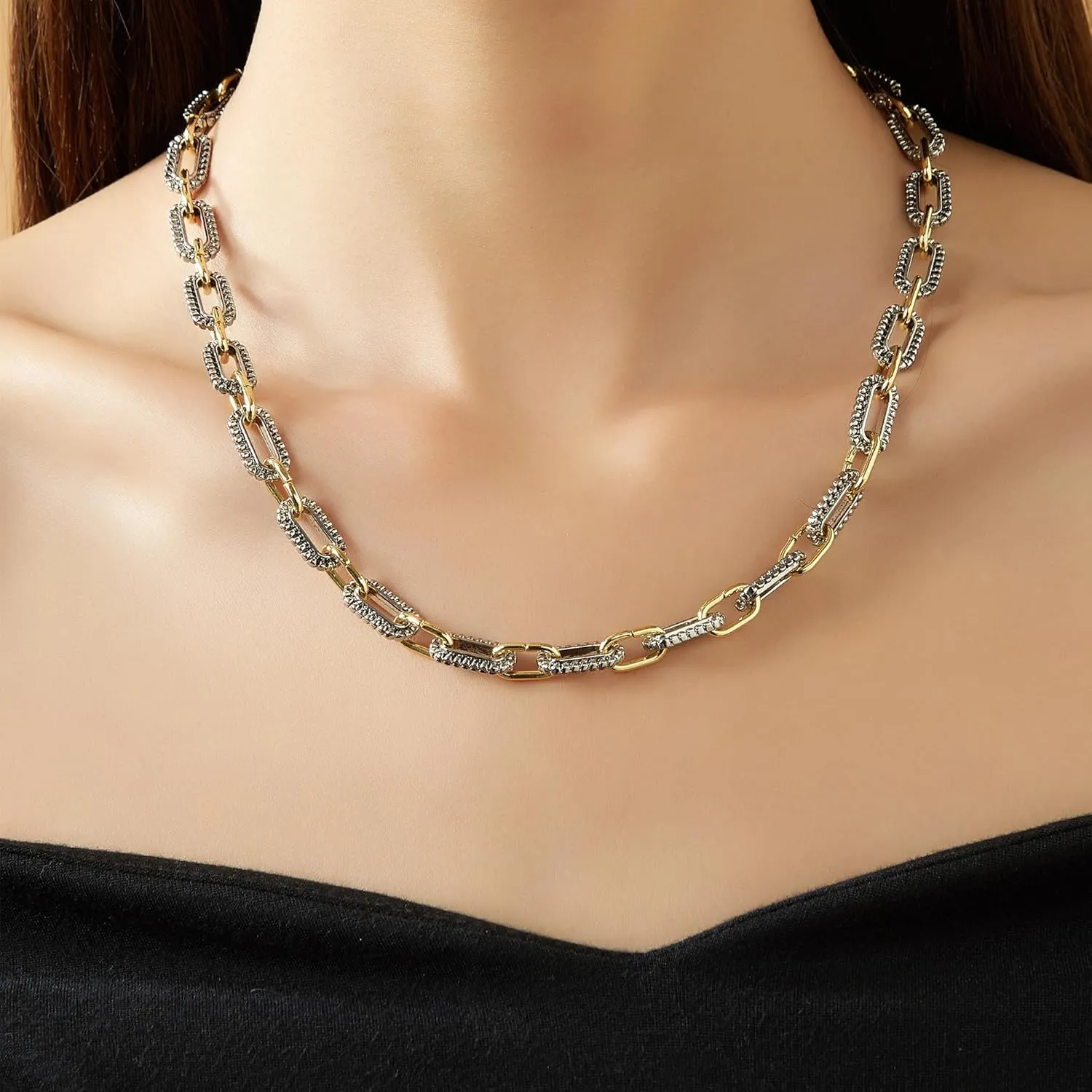 Women's Link Necklace 18k Gold Plated Double Twist Wire Gold and Silver 2 Tone Chain Necklaces Christmas New Year Jewelry