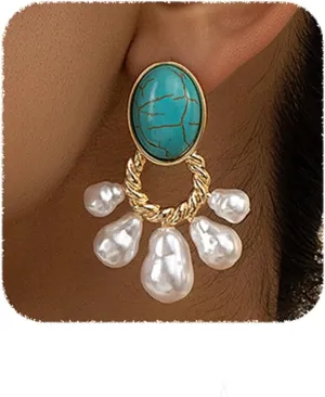 YERTTER Dainty Turquoise Pearl Earrings Vintage Statement Dangle Earrings Pearl Tassel Drop Earrings for Women