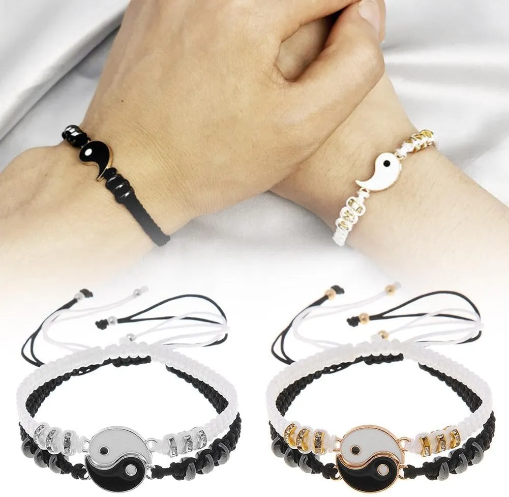 Yin Yang Matching Bracelets for Men and Women Friend Couple Bracelets Adjustable Rope Cord Bracelet Bangle for Couple BFF Matching Bracelet Friendship Jewelry Gifts