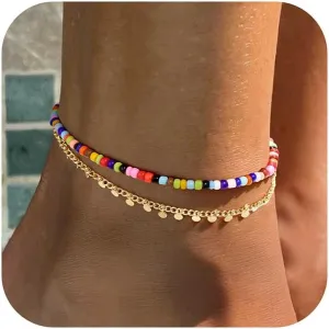 Yoosteel Beaded Ankle Bracelets for Women - Boho Bead Anklets Cute Non Tarnish Adjustable Beach Anklet for Women Jewelry Gifts