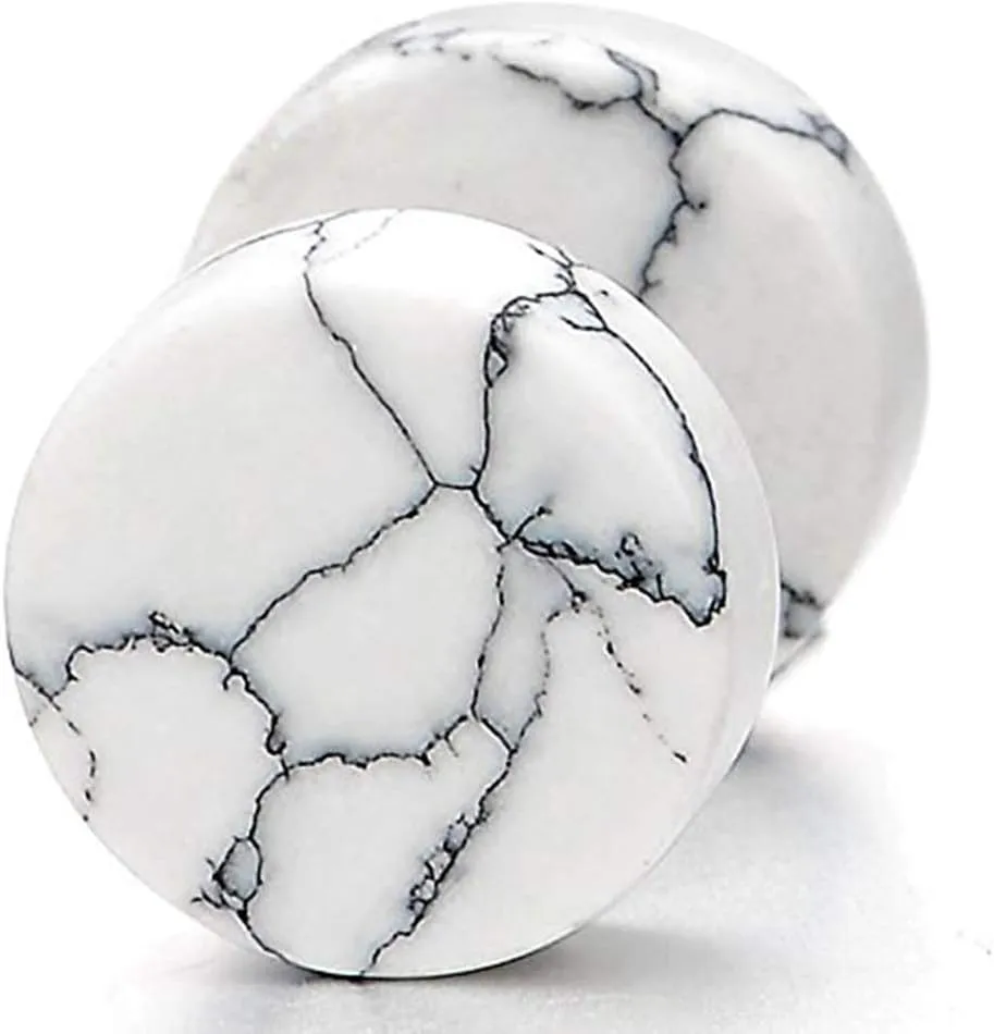 YZstyle 2pcs 10MM Marble Stud Earrings Men Women, Steel Cheater Fake Ear Plugs Gauges Illusion Tunnel