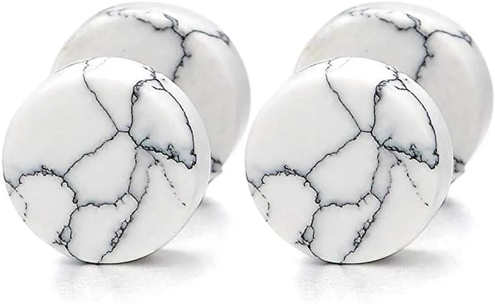 YZstyle 2pcs 10MM Marble Stud Earrings Men Women, Steel Cheater Fake Ear Plugs Gauges Illusion Tunnel