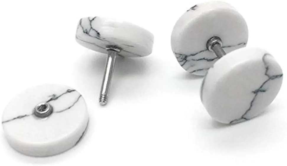 YZstyle 2pcs 10MM Marble Stud Earrings Men Women, Steel Cheater Fake Ear Plugs Gauges Illusion Tunnel