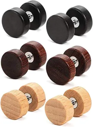 YZstyle 8mm Wood Faux Gauges Plugs Earrings for Men Women Wooden Fake Plugs Gauge Studs Circle Flat Back Cheater Tunnel Dumbbell Earrings Set (3 Pairs) (3pair a setE045)