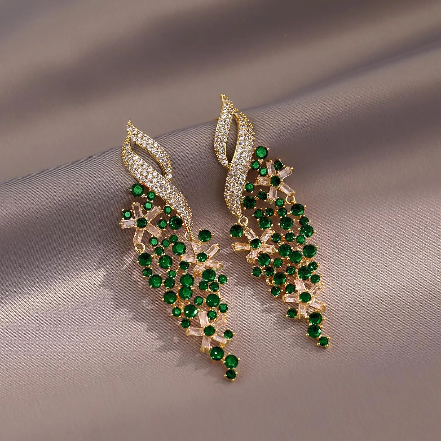 Zircon Gemstone Drop Dangle Earrings, Rhinestone Cluster Earrings Luxury Bridal Flower Fashion Jewelry, 18K Gold Plated 925 Sterling Silver Posts Sparkly Evening Dressy Earrings