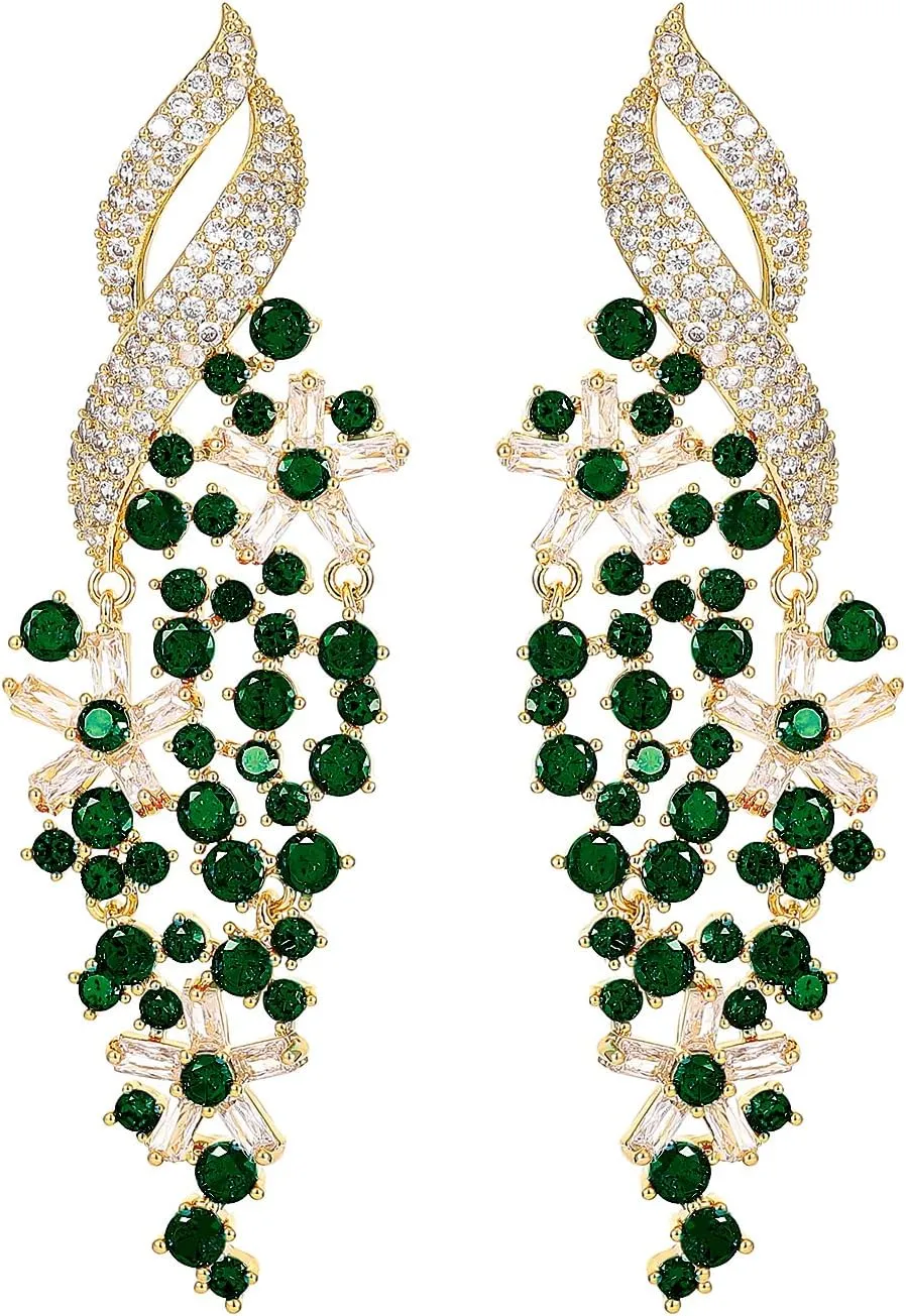 Zircon Gemstone Drop Dangle Earrings, Rhinestone Cluster Earrings Luxury Bridal Flower Fashion Jewelry, 18K Gold Plated 925 Sterling Silver Posts Sparkly Evening Dressy Earrings