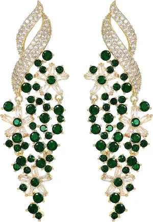 Zircon Gemstone Drop Dangle Earrings, Rhinestone Cluster Earrings Luxury Bridal Flower Fashion Jewelry, 18K Gold Plated 925 Sterling Silver Posts Sparkly Evening Dressy Earrings
