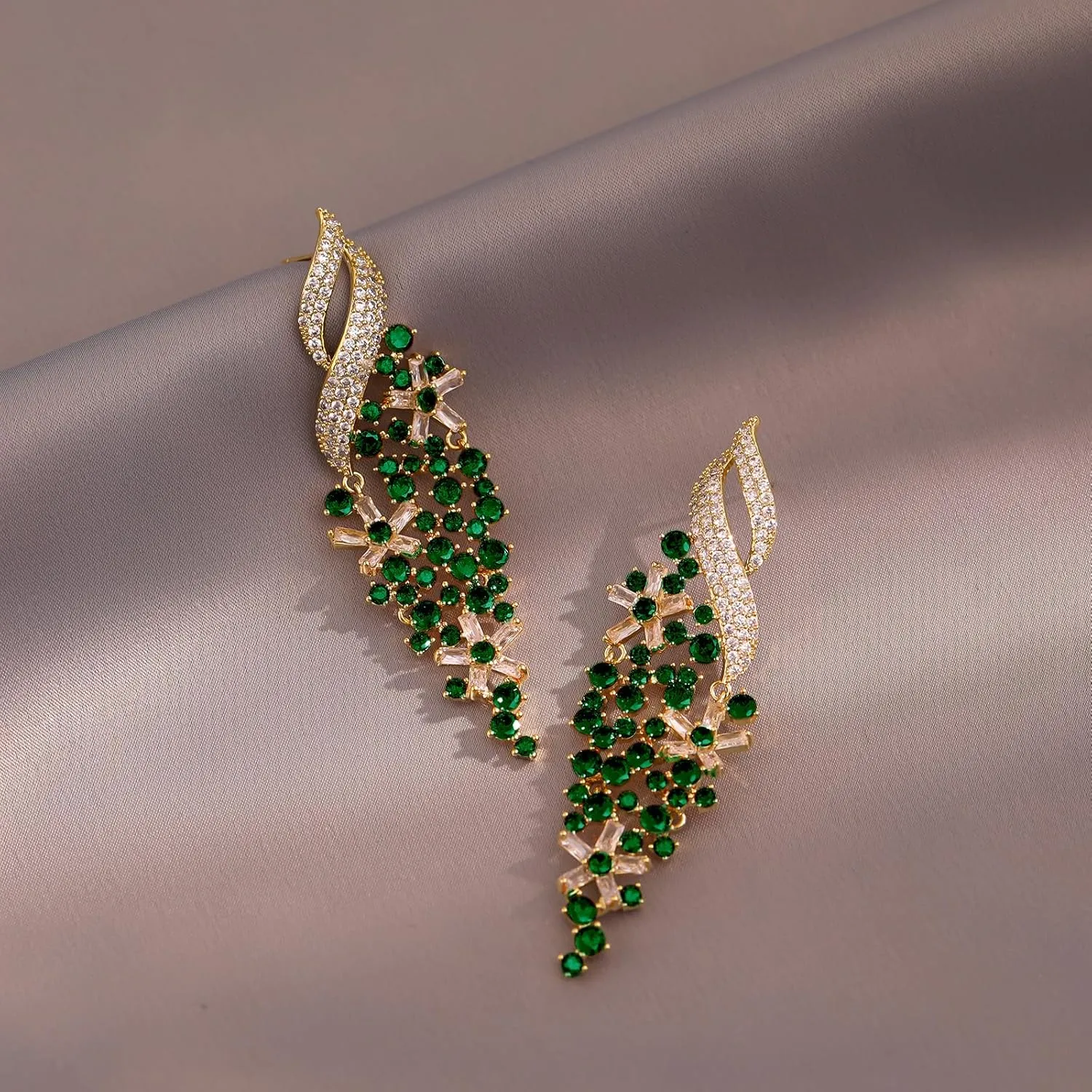 Zircon Gemstone Drop Dangle Earrings, Rhinestone Cluster Earrings Luxury Bridal Flower Fashion Jewelry, 18K Gold Plated 925 Sterling Silver Posts Sparkly Evening Dressy Earrings
